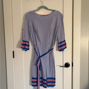 Boden Blue and Red Geometric Long Sleeve Dress